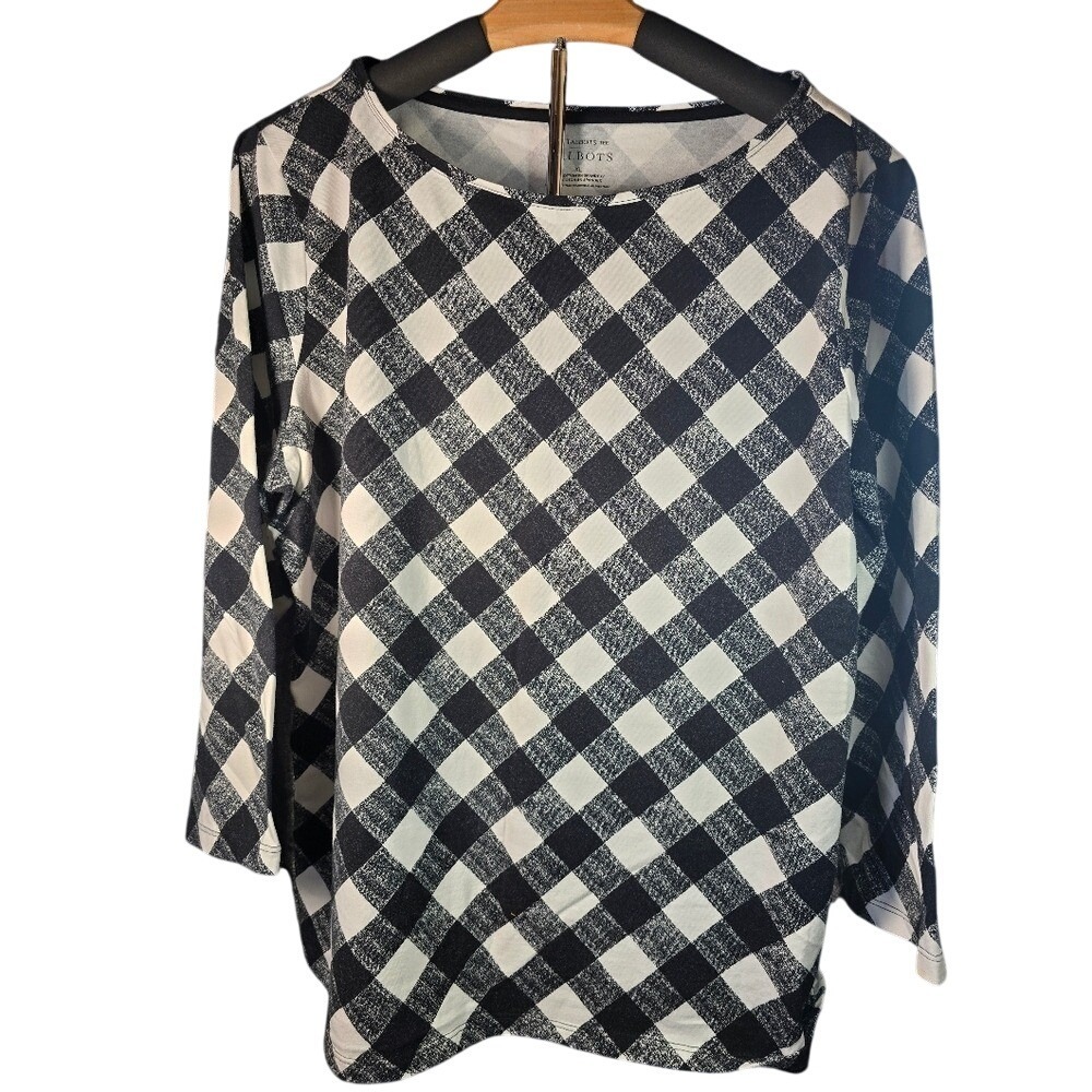 Talbots Tee Womens XL Black White Buffalo Plaid Check 3/4 Sleeve Boat Neck Top